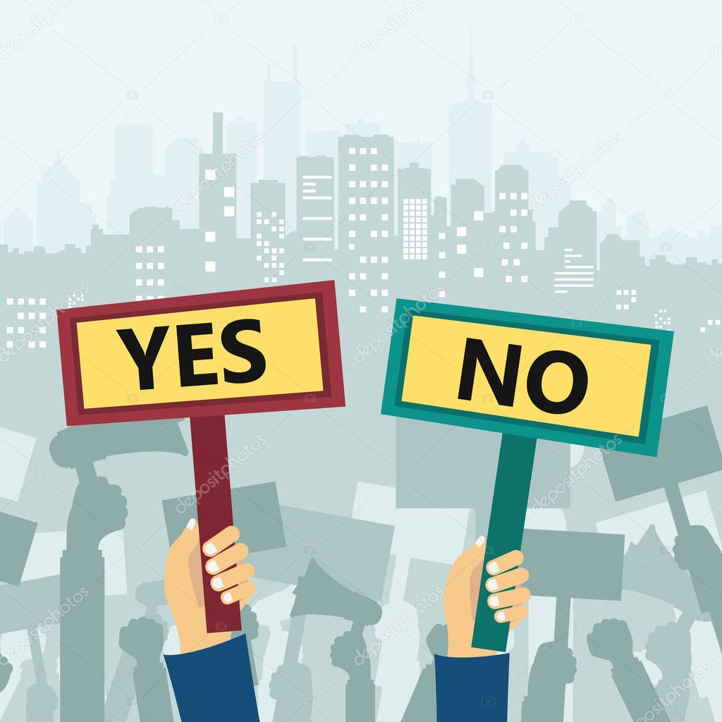 Yes and no signs. Protest in city. Flat vector illustration