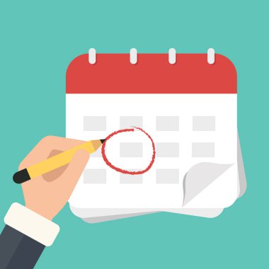 Kalem işareti takvim eliyle. Düz vektör çizim.