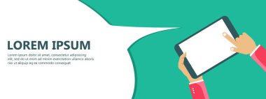 Sosyal ağ ve sohbet afiş. Küresel iletişim, e posta, web aramaları. Büyük konuşma balonu tabletiyle holding eller. Düz vektör çizim