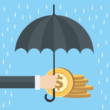 Şemsiye yağmur altında tutan eli para korumak. Para tasarruf ve para koruma kavramları. Düz vektör çizim