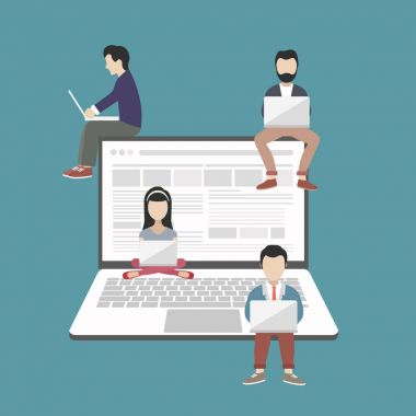 Büyük defter üzerinde oturan insanlar. Sosyal ağ web sitesi. Kucak tepe hattı toplum üzerinde bir parçası olmak için kullanan gençlerin kavramı çizimi sörf. Düz vektör çizim
