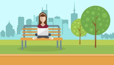 Kucak tepe onun kucağına tutan bir parkta oturan bir bayan. Sosyal ağ kavramı. Düz vektör çizim