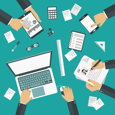 Beyin fırtınası kavramı. İş görüşmesi. Ekip çalışması. Çalışma masası. Düz vektör çizim.