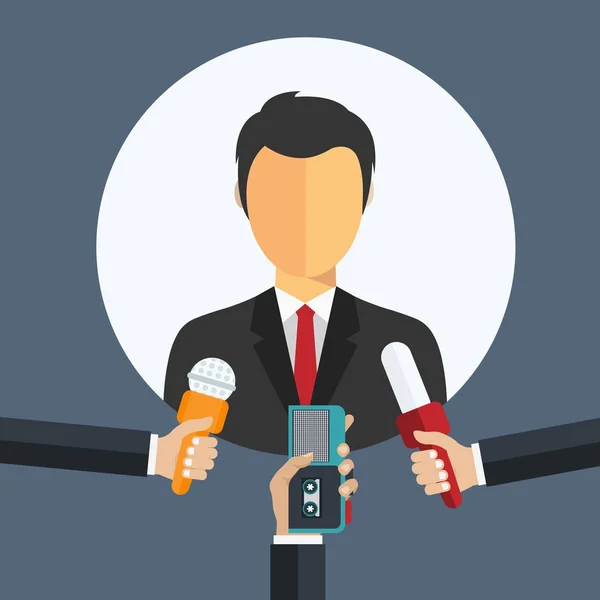 Businessman giving an interview in the presence of journalists with microphones and recorder. Journalism concept. Flat vector illustration