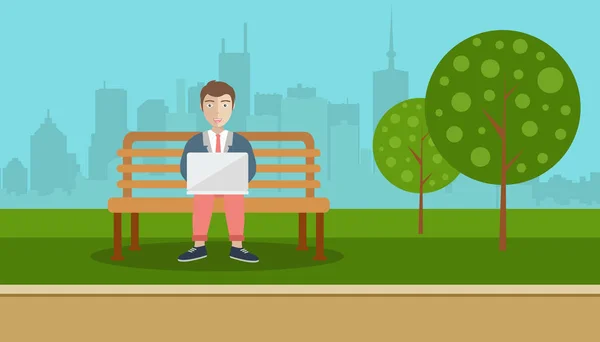 男が公園で座っている彼の膝の上のラップトップを保持します 社会的ネットワークの概念 フラットのベクトル図 — ストックベクタ