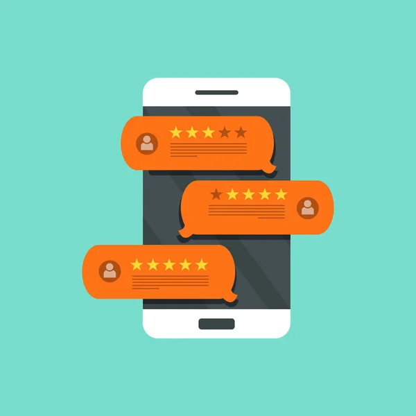 Geri bildirim kavramı, ifadeler, mesajlar ve bildirimler. Cep telefonundaki konuşma baloncukları, değerlendirme dereceli, düz stil akıllı telefon yıldızları iyi ve kötü oranda ve mesajla yorumluyor. Düz vektör.