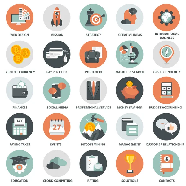 İş, yönetim, finans ve teknoloji Icon set. Düz vektör çizim
