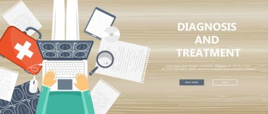 Tanı ve tedavi kavramı. Ahşap katta oturan ve kucak tepe kucağında tutan doktor. Düz vektör çizim