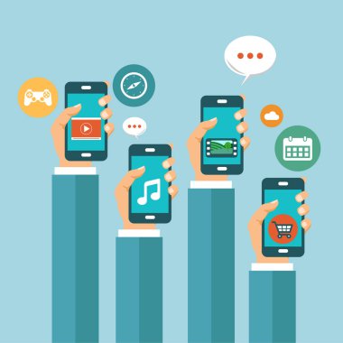 Mobil uygulamalar konsepti. Telefonları olan eller. Düz vektör illüstrasyonu.