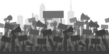 Protesto, devrim ya da çatışma için kavram. İnsanlar protestocular siluet kalabalık. Düz vektör çizim.