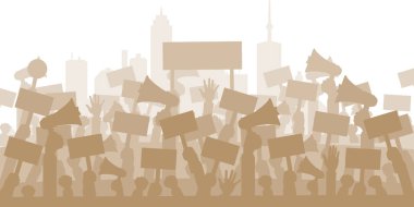 Protesto, devrim ya da çatışma için kavram. İnsanlar protestocular siluet kalabalık. Düz vektör çizim.