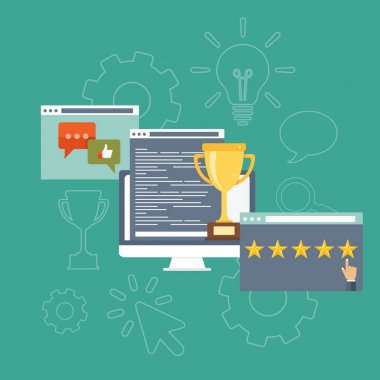 Web sitesi derecelendirme kavramı. Arama Motoru Optimizasyonu kavram düz stil. En iyi web sitesi değerlendirme ve iyi derecelendirme bilgisayar - olumlu müşteri ekrandaki yerlerini. Düz vektör çizim