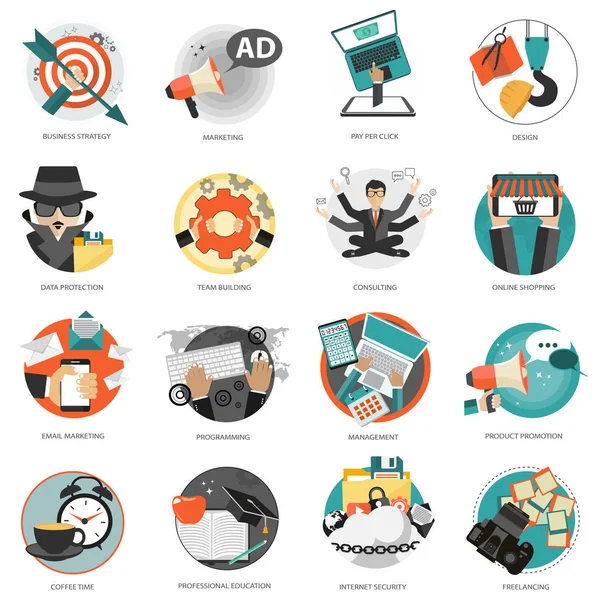 Business and management icon set for website development and mobile phone services and apps. Flat vector illustration.