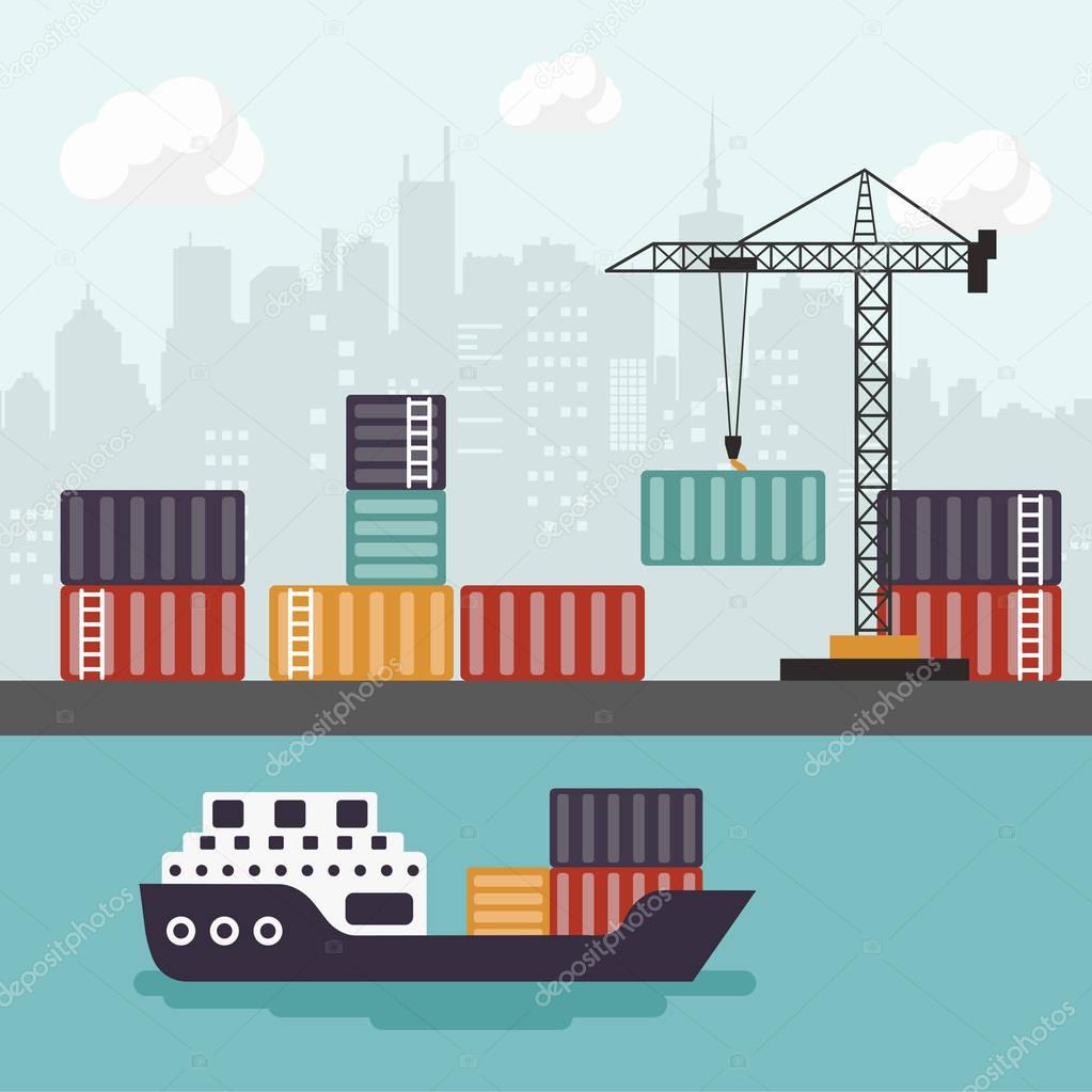 Container ship at freight port terminal Unloading. Merchant Marine. Flat vector illustration