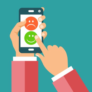 Geri bildirim, referansları mesajları ve bildirimler kavramı. Gülen yüzler akıllı telefon. İyi ve kötü müşteri gözden geçirme. Düz vektör çizim