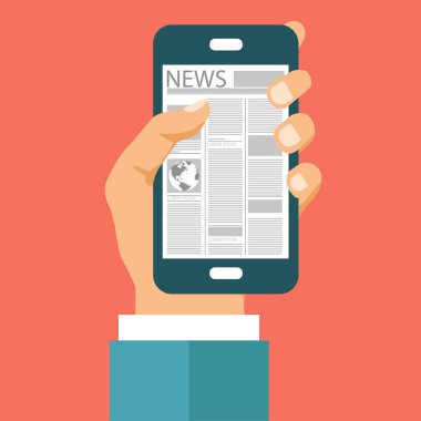 Satır haber kavramı üzerinde. Akıllı telefonunuzda gazete okumak. Düz vektör çizim