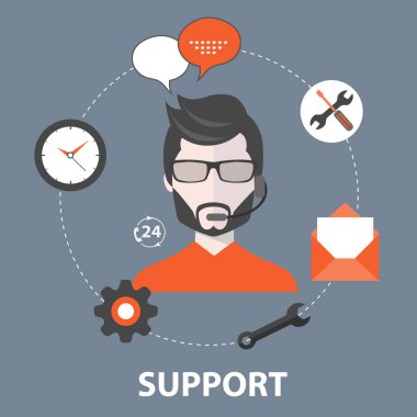 Canlı destek simgesi. İş müşteri hizmetleri. Kavramı için bize ulaşın, destek, yardım, telefon ve Web sitesi'ı tıklatın. Düz vektör çizim.