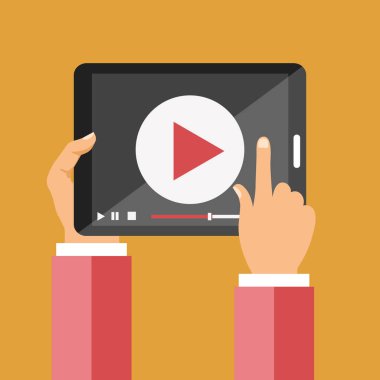 Tablet simgesi videoda. Mobil uygulamalar ve medya pazarlama kavramı. Satır eğitim ve web öğreticiler için kavram. Düz vektör çizim