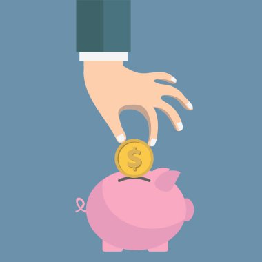 El Doları para kumbara koyarak. Para tasarrufu ve iş yatırım için kavram. Düz vektör çizim