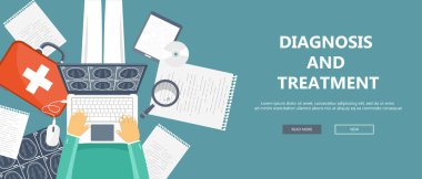 Tanı ve tedavi kavramı. Ahşap katta oturan ve kucak tepe kucağında tutan doktor. Düz vektör çizim