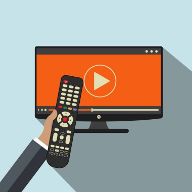 El tutma uzaktan kumanda. TV simgesi kavramı. Televizyon oyun simgesi. Akıllı Tv kavramı. Düz vektör çizim