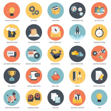 İş, finans ve teknoloji simgesi ayarla. Düz vektör çizim