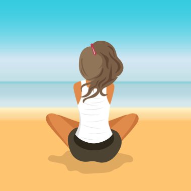 Sahilde oturan kadın. Tatil, tatil ve seyahat için kavram. Yaz saati. Düz vektör çizim