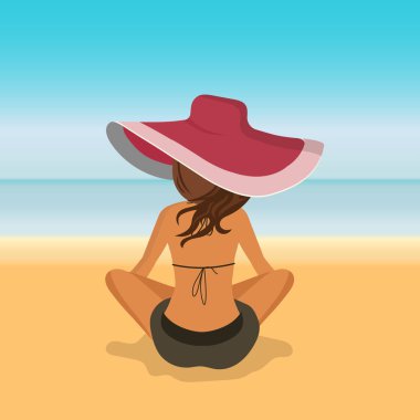 Sahilde oturan kadın. Tatil, tatil ve seyahat için kavram. Yaz saati. Düz vektör çizim