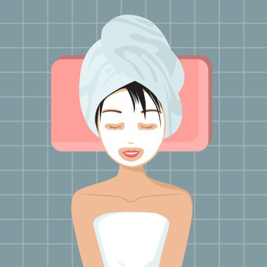Anti-aging yüz tedavi olan bir kadın. Spa ve sağlıklı yaşam konsepti. Düz vektör çizim
