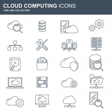 Bulut bilgisayar ve teknoloji Icon set. İnternet teknolojisi, hattı Hizmetleri, bağlantı, veri bilgi için kavram. Düz vektör çizim