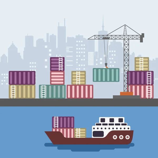 Nave Portacontainer Terminal Del Porto Merci Scarico Marina Mercantile Illustrazione — Vettoriale Stock