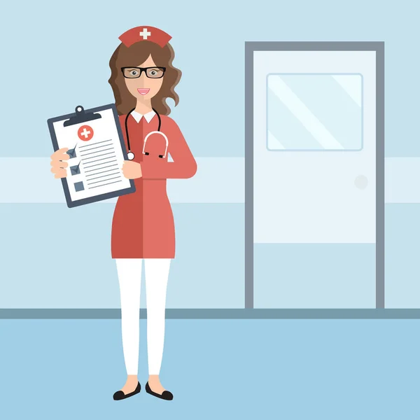 Health care insurance concept. Female nurse in hospital showing the form of health insurance. Flat vector illustration