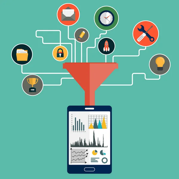 創造的なプロセス 大きなデータのフィルター データ トンネルと分析のための概念 フラットのベクトル図 — ストックベクタ