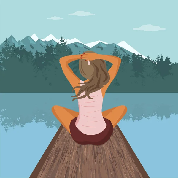 Mujer Disfrutando Sus Vacaciones Lago Montaña Concepto Para Vacaciones Viajes — Vector de stock