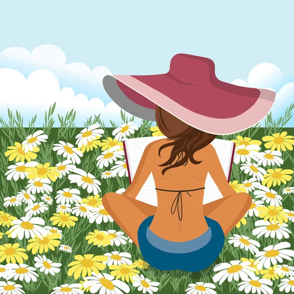 Mujer Leyendo Libro Aire Libre Mujer Relajándose Campo Fondo Verano — Vector de stock