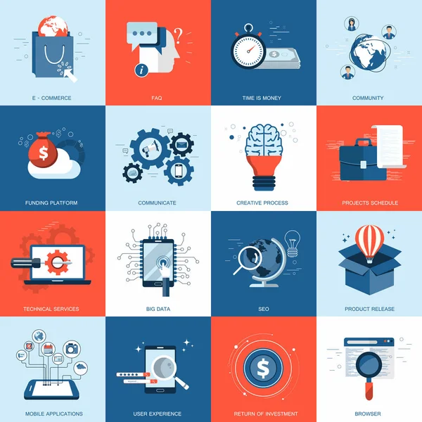 Web siteleri ve mobil uygulamalar için iş ve teknoloji simgesi ayarlandı. Düz vektör illüstrasyonu