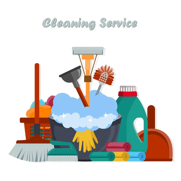 設備清掃サービスのコンセプト 様々なツールでハウスクリーニングサービスのためのポスターテンプレート 平面ベクトル図 — ストックベクタ