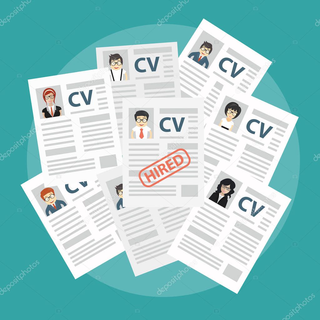 CV papers. Human resources management concept, searching professional staff, analyzing resume papers, work. Flat vector illustration.
