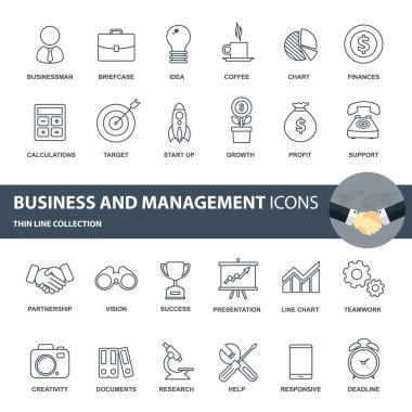 İşletme ve yönetim Icon set. Web için ayarla anahat simgesi. Düz vektör çizim