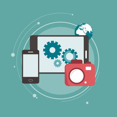 Dijital kamera ile mobil cihazlar ve veri aktarımı bağlanma. Düz vektör çizim