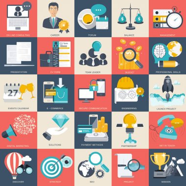 İşletme, teknoloji ve mali simgesi Web siteleri ve mobil uygulamalar ve hizmetler için ayarla. Düz vektör çizim