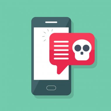 Kötü amaçlı yazılım bildirim Smartphone cep telefonu ile. Kafatası kemikleri kabarcık konuşma kırmızı uyarı, spam veri, dolandırıcılık internet hata iletisi, güvenli olmayan bağlantı, virüs, çevrimiçi dolandırıcılık kavramı ile hareket eden telefon. Düz vektör
