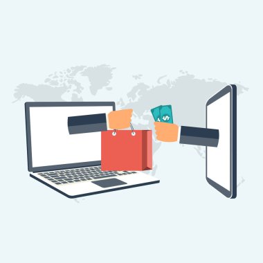 Web mağaza ve hatta konsept alışveriş. Küresel iletişim, internet bankacılığı, ticaret, e-ticaret, para yapma. Düz vektör çizim