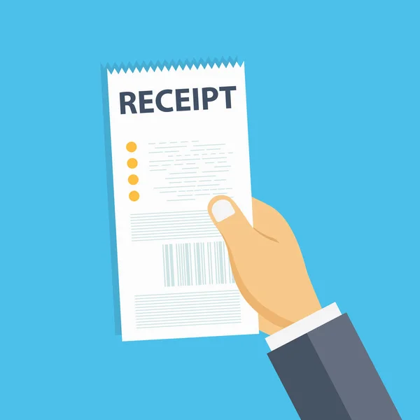 Hand holding blank receipt. Bill template or restaurant paper financial check. Flat vector illustration.