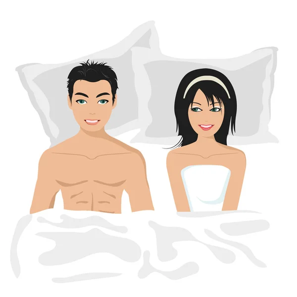 Junges Paar Glücklich Bett Flache Vektorabbildung — Stockvektor
