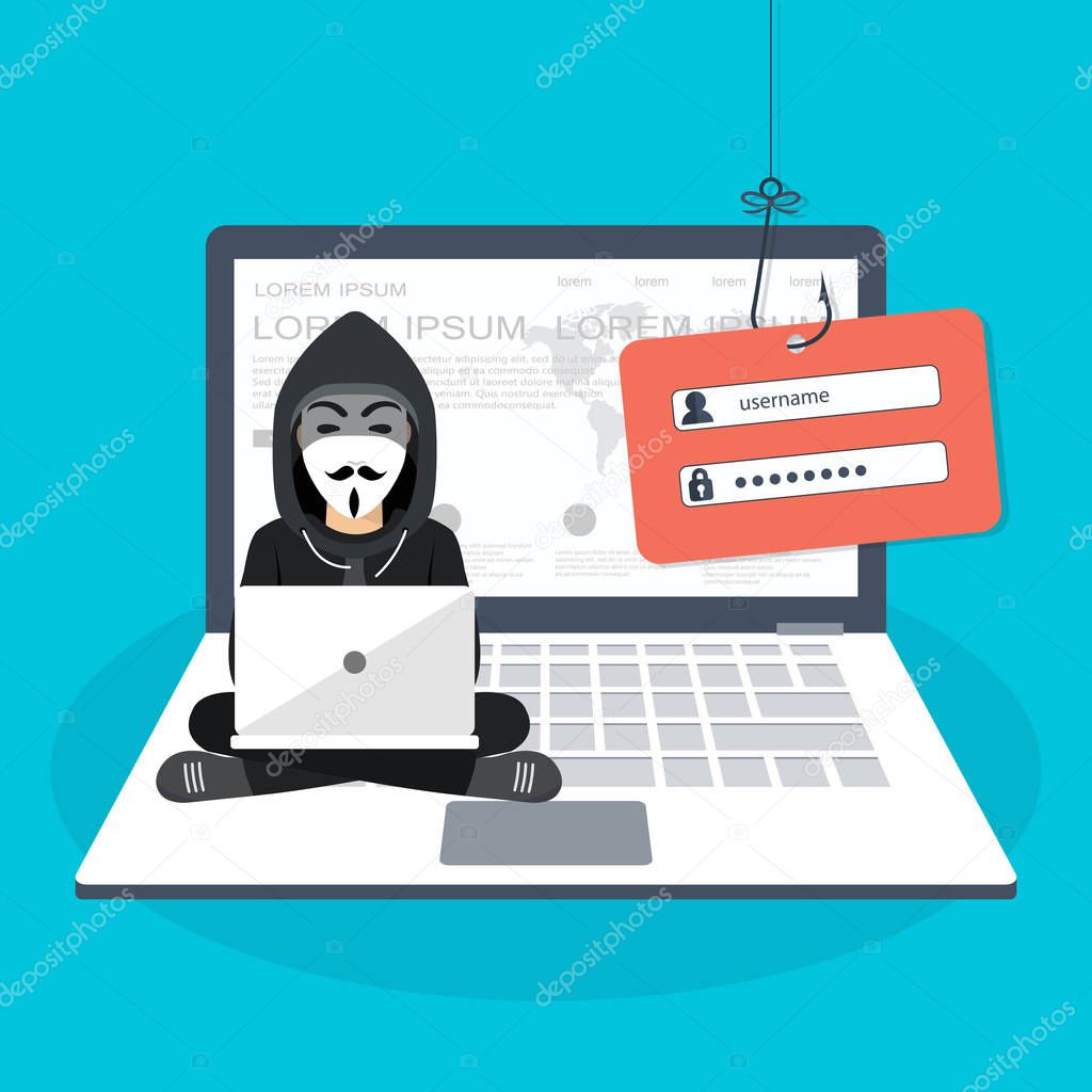 Hacking phishing attack. Hacker sitting at the desktop and hacking secret data on the laptop. World map and points on background. Young hacker using lap top to hack protection system. Flat vector