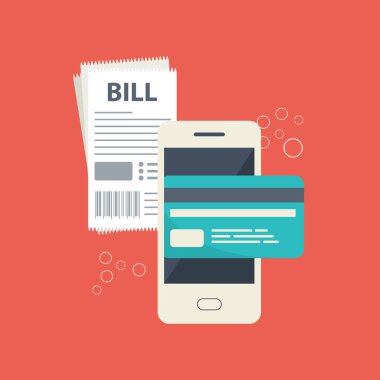 Mobil ödeme kavramı. Hatta faturaları. Hatta banka ve alışveriş için bir cep telefonuyla. Düz vektör çizim