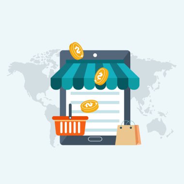 Web mağaza ve hatta konsept alışveriş. Küresel iletişim, internet bankacılığı, ticaret, e-ticaret, para yapma. Düz vektör çizim
