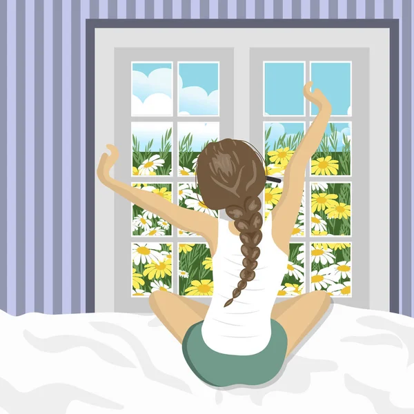 Mujer Estirándose Cama Después Despertar Concepto Para Vacaciones Vacaciones Escenario — Vector de stock