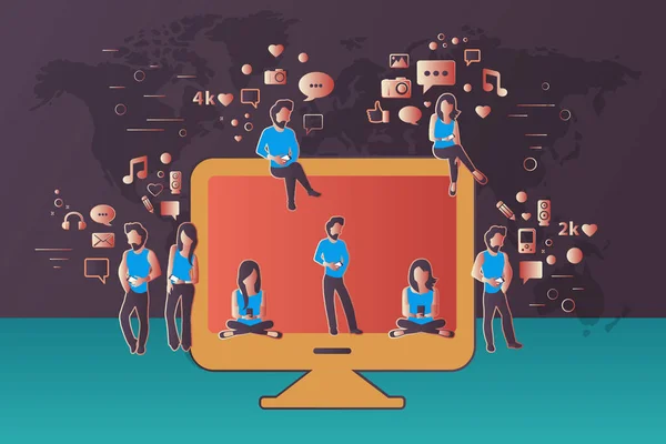 People sitting on big computer monitor. Social network web site. Surfing concept illustration of young people using lap top to be a part of on line community. Flat vector illustration